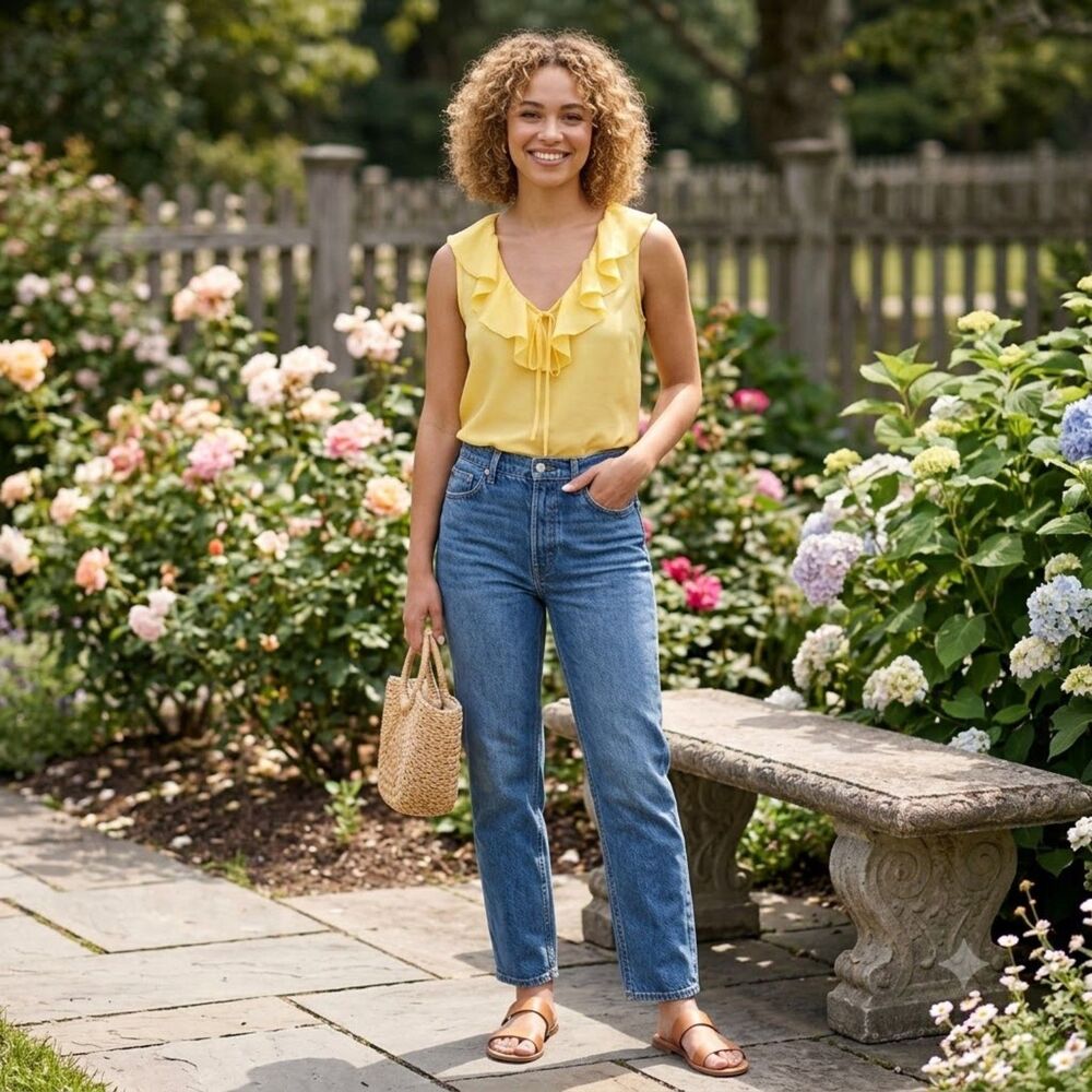 Ladaire Alaina Silk Chiffon Blouse Yellow Sleeveless Sheer Ruffles XXS $129 NEW